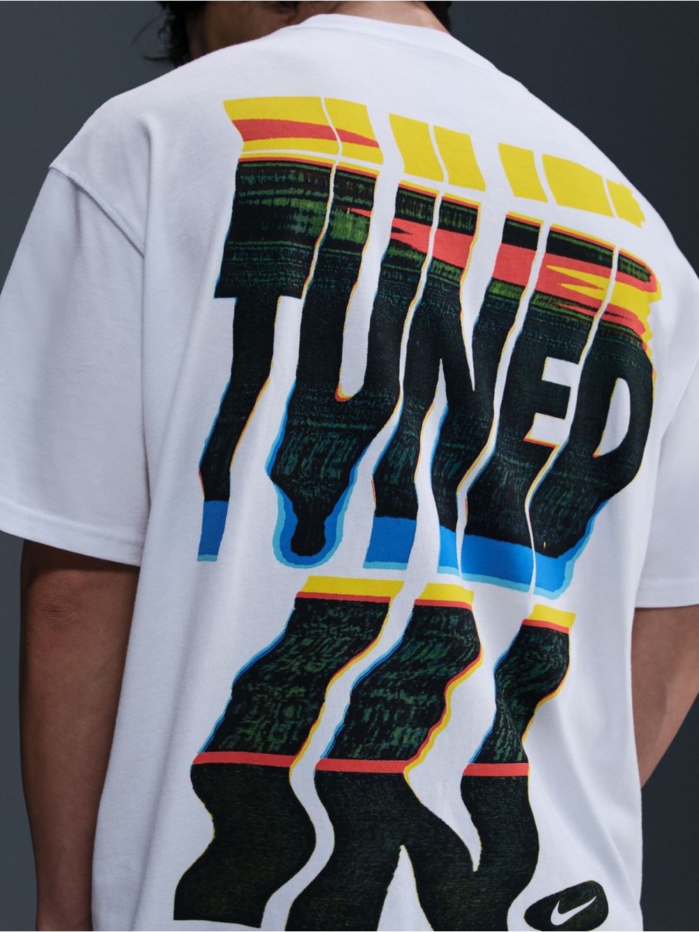 Nike White Short-Sleeve Tee with Multicolor 'TUNED' Back Graphic